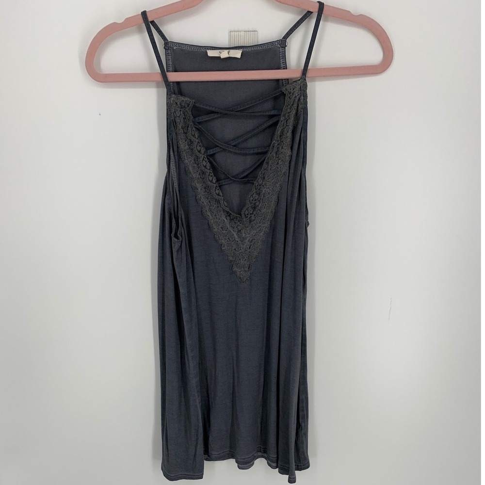 Easel Flowy Rayon Spandex Tank Top Large Gray Boho Lace Back